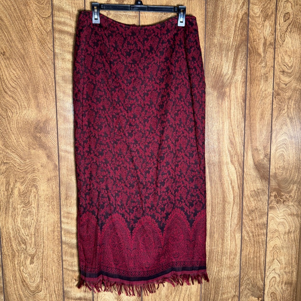 VTG Christopher & Banks Long Fringe Pencil Skirt Red Floral Paisley Western 10